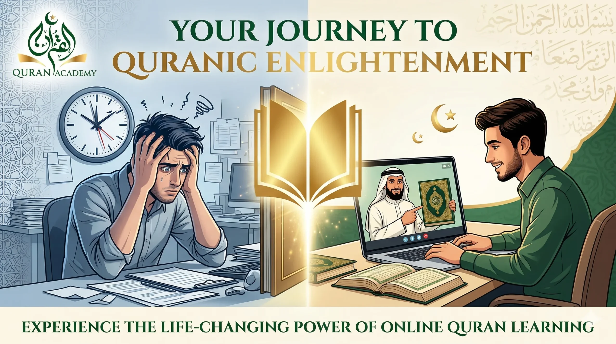 A before-and-after illustration showing a stressed man finding peace as a student experiencing how an online Quran course can transform your life, learning directly from a qualified Arab tutor.