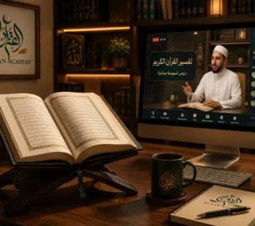 An open Quran on a wooden stand next to a computer screen showing a live virtual classroom lecture, illustrating online Tafsir classes.