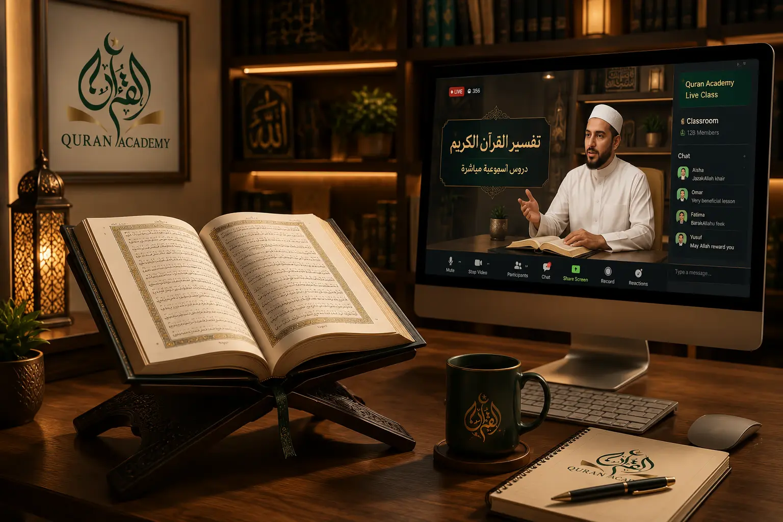 An open Quran on a wooden stand next to a computer screen showing a live virtual classroom lecture, illustrating online Tafsir classes.
