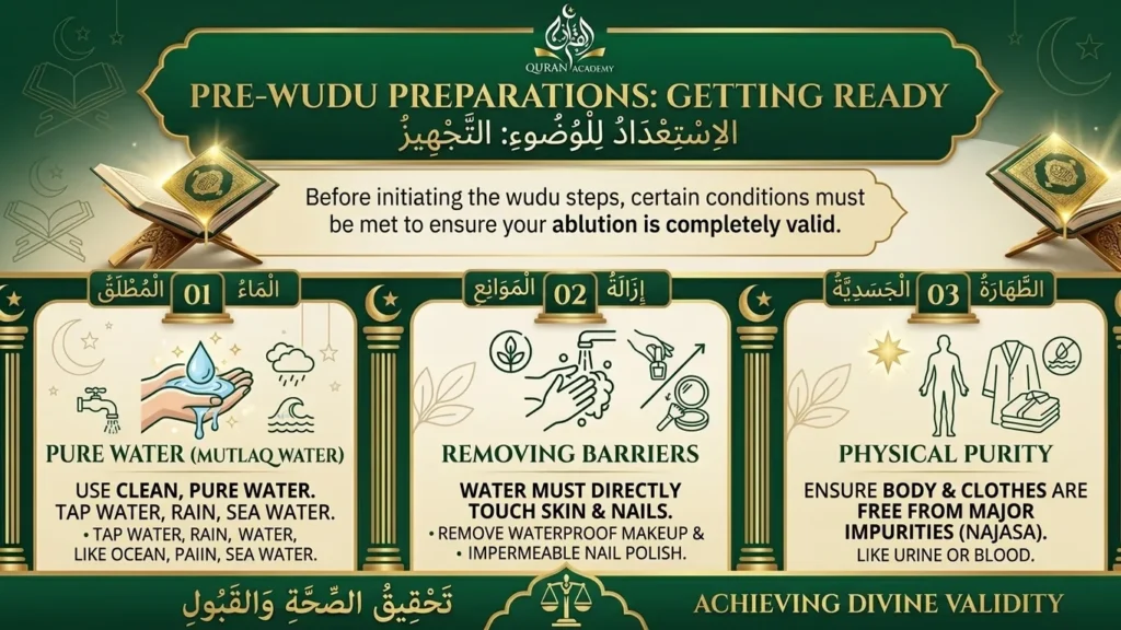 An educational infographic by Quran Academy explaining pre-wudu preparations and conditions for a valid ablution. It highlights using pure Mutlaq water, removing waterproof barriers like makeup and impermeable nail polish, and ensuring physical purity from Najasa.