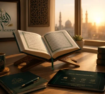 An open Quran on a wooden stand bathed in soft morning light, illustrating the daily routine of successful Quran memorization.