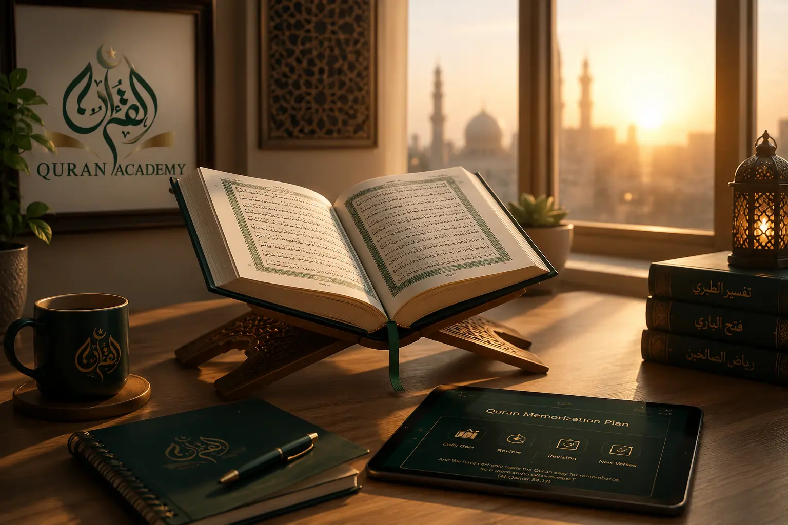 An open Quran on a wooden stand bathed in soft morning light, illustrating the daily routine of successful Quran memorization.