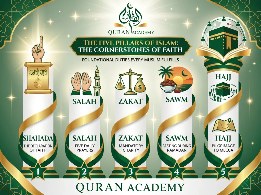An educational infographic by Quran Academy illustrating the Five Pillars of Islam: Shahada (Declaration of Faith), Salah (Five Daily Prayers), Zakat (Mandatory Charity), Sawm (Fasting during Ramadan), and Hajj (Pilgrimage to Mecca).