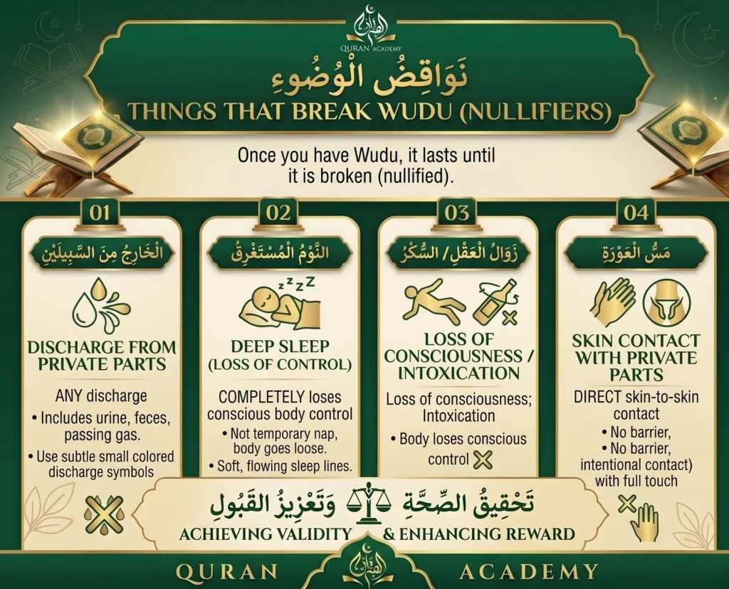 An educational infographic by Quran Academy explaining the 4 main things that break Wudu (nullifiers), including discharge from private parts like passing gas, deep sleep, loss of consciousness, and direct skin contact with private parts.