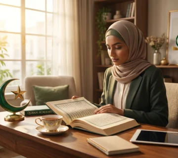 A professional Muslim woman sitting in a peaceful, sunlit room reading the holy book, illustrating how to transform your life with a Quran course at Quran Academy.
