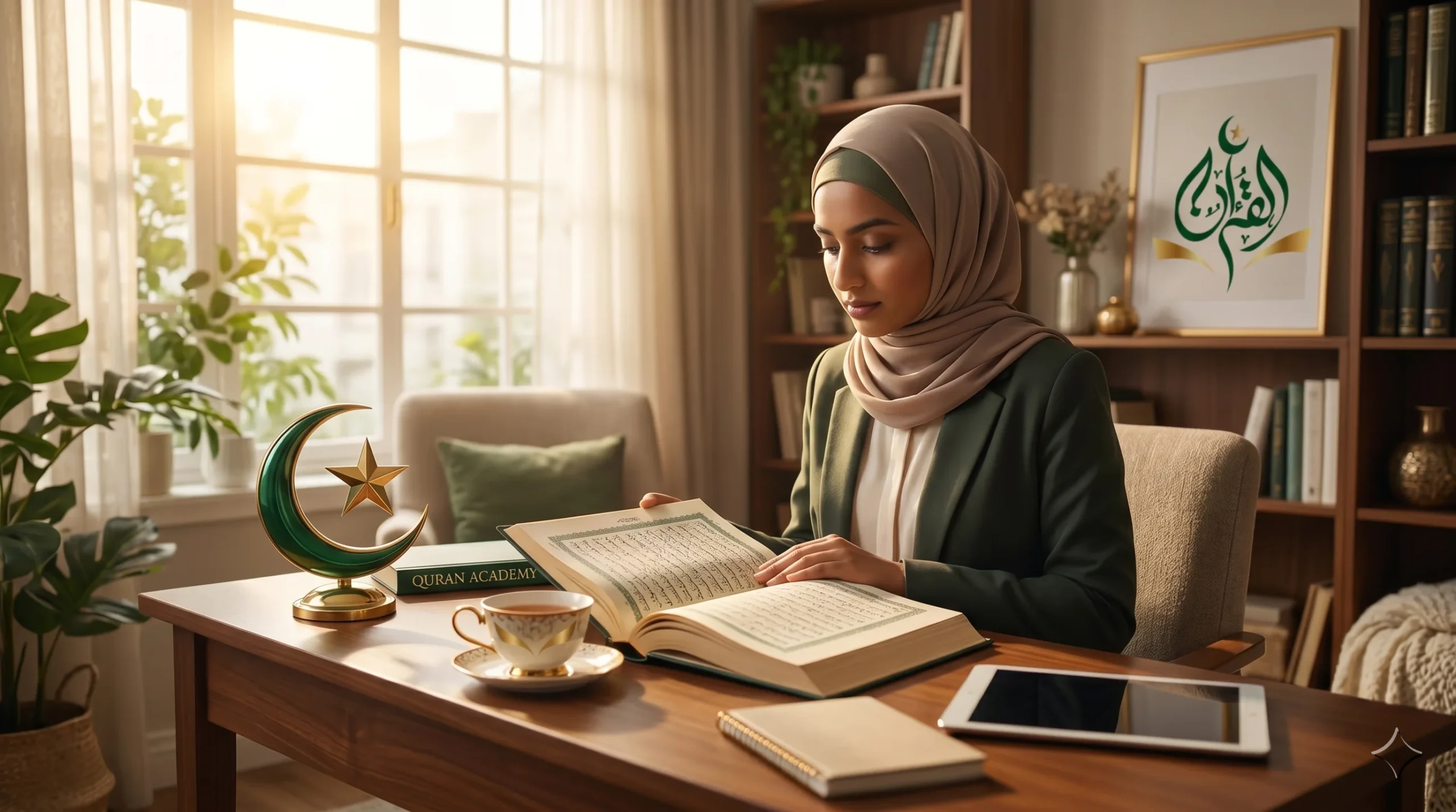 A professional Muslim woman sitting in a peaceful, sunlit room reading the holy book, illustrating how to transform your life with a Quran course at Quran Academy.