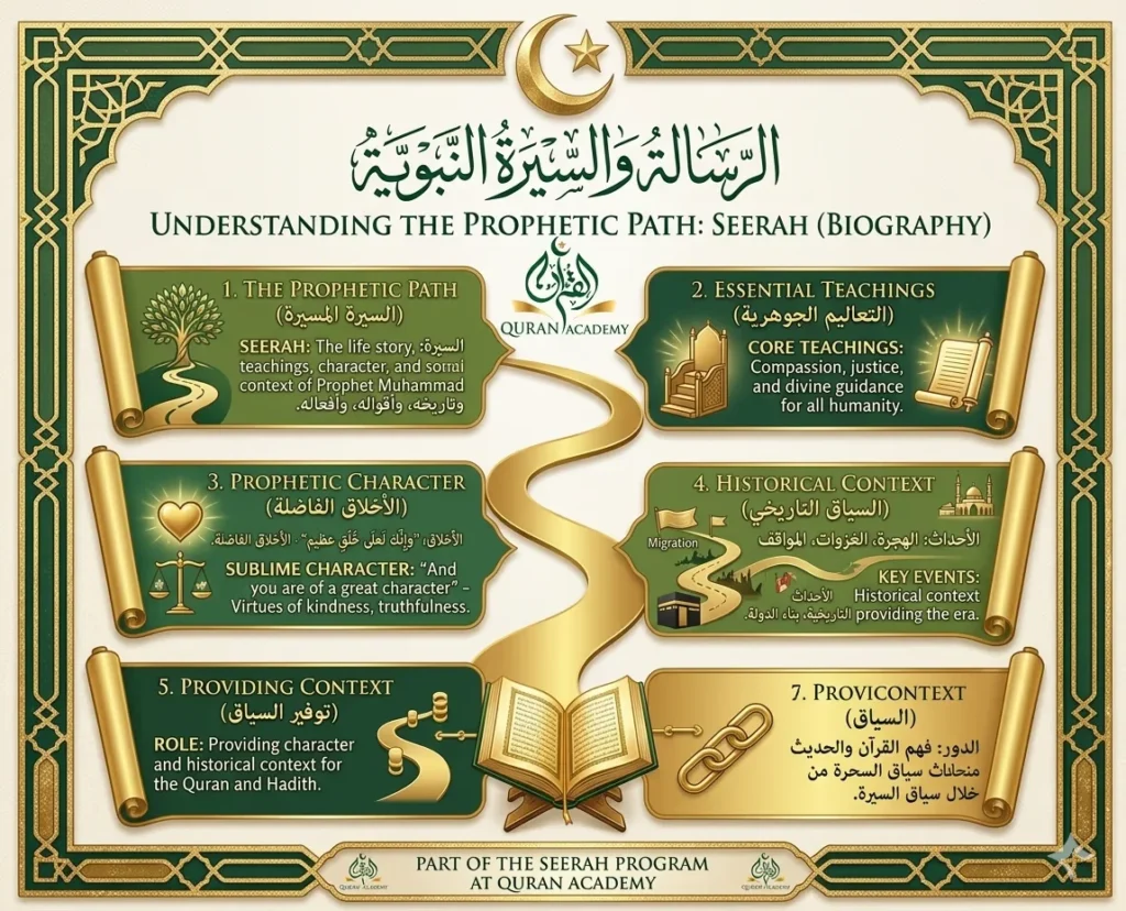 An educational infographic by Quran Academy detailing the Seerah program, focusing on the Prophetic path, essential teachings, sublime character, and historical context of Prophet Muhammad (PBUH).