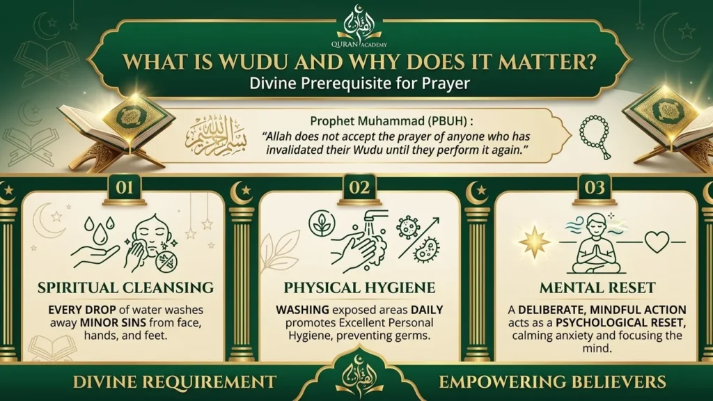 An educational infographic by Quran Academy explaining what Wudu is and why it matters, highlighting it as a divine prerequisite for prayer that provides spiritual cleansing, physical hygiene, and a mental reset.