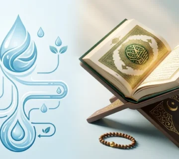 A conceptual illustration representing the spiritual journey of wudu steps, featuring a pure water flow graphic symbolizing divine purification alongside an open Holy Quran on a wooden stand.