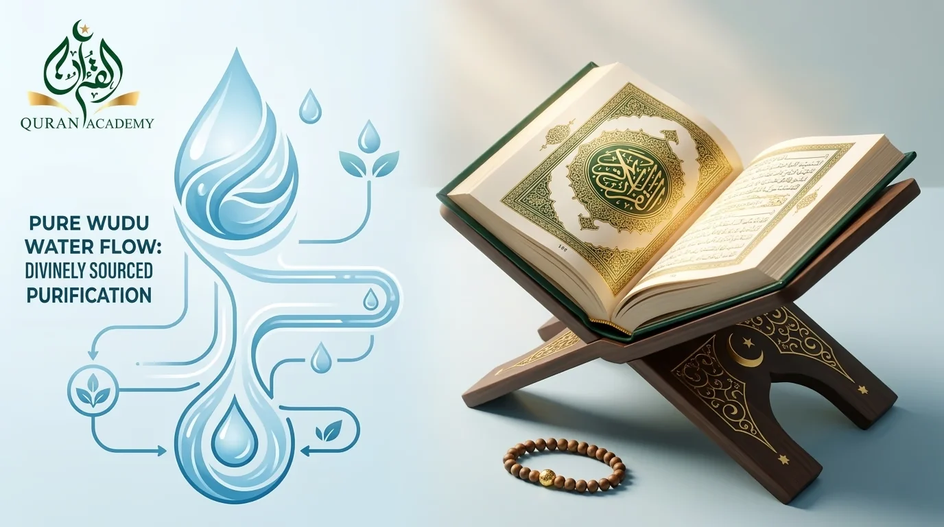 A conceptual illustration representing the spiritual journey of wudu steps, featuring a pure water flow graphic symbolizing divine purification alongside an open Holy Quran on a wooden stand.