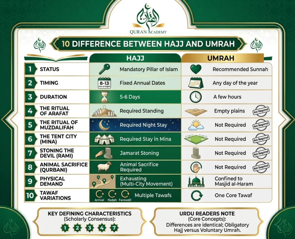 An educational infographic by Quran Academy highlighting the 10 key differences between Hajj and Umrah, including status, timing, duration, physical demands, and specific rituals like Arafat, Muzdalifah, and Qurbani.
