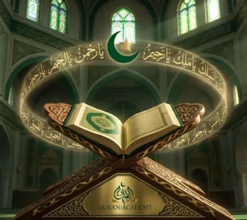A majestic view of an open Quran on a wooden stand inside a beautifully lit mosque, surrounded by a glowing halo of Arabic calligraphy representing the 99 Names of Allah.