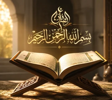A beautiful cinematic view of an open Holy Quran on a wooden stand with glowing golden Arabic calligraphy of Bismillah above it, illustrating the profound Al Rahman Al Rahim meaning.