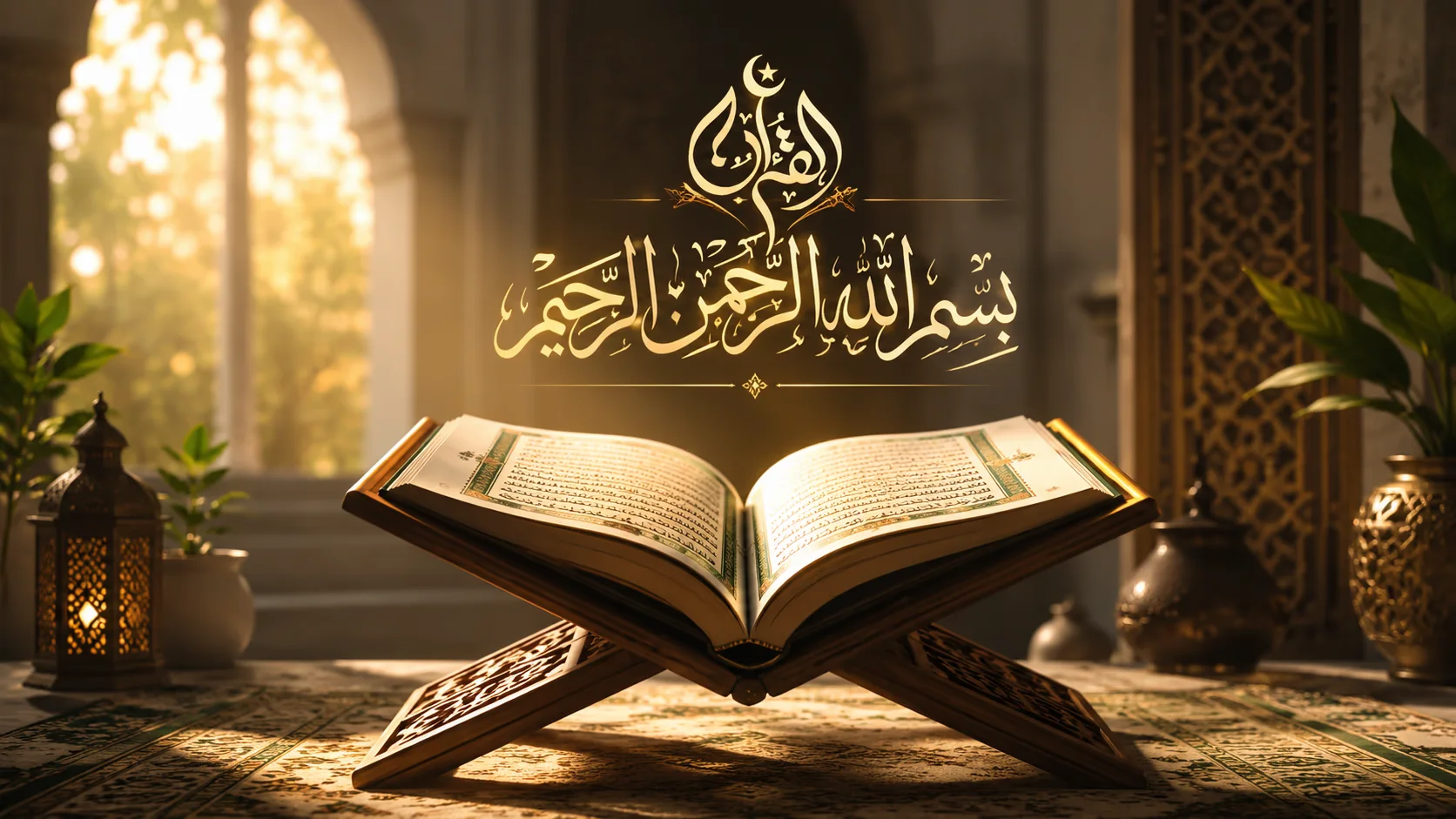 A beautiful cinematic view of an open Holy Quran on a wooden stand with glowing golden Arabic calligraphy of Bismillah above it, illustrating the profound Al Rahman Al Rahim meaning.