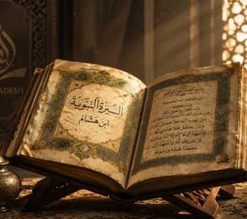 A cinematic, antique-style view of an open classical Islamic book titled Al-Sirah Al-Nabawiyah (The Prophetic Biography) by Ibn Hisham, resting on a wooden stand next to a traditional inkpot and quill, bathed in warm sunlight.