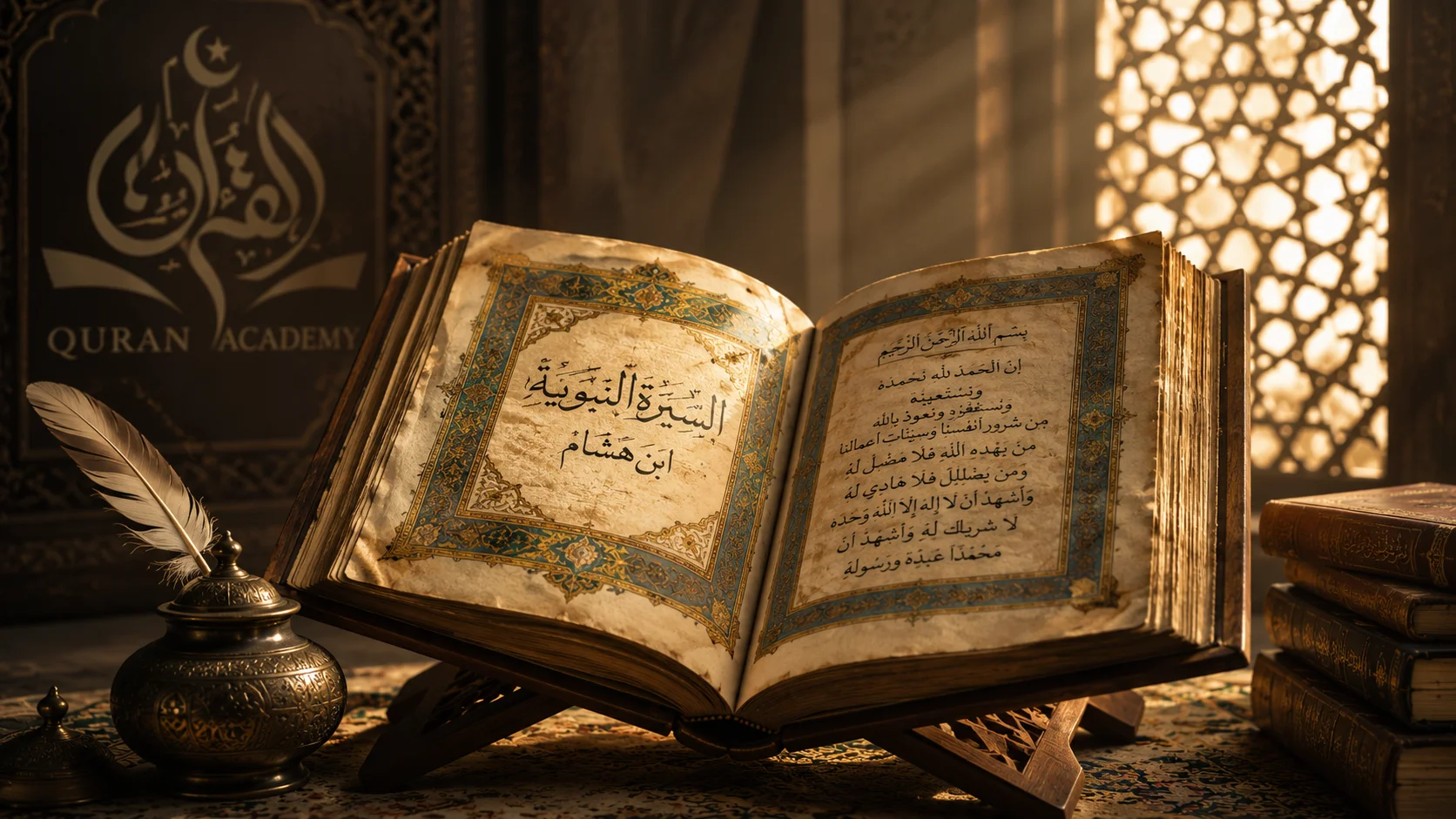 A cinematic, antique-style view of an open classical Islamic book titled Al-Sirah Al-Nabawiyah (The Prophetic Biography) by Ibn Hisham, resting on a wooden stand next to a traditional inkpot and quill, bathed in warm sunlight.