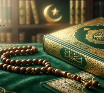 A beautifully bound Islamic book featuring the Arabic calligraphy for Astaghfirullah, resting on a green prayer rug with a wooden misbaha (prayer beads), symbolizing the profound Astaghfirullah meaning and the act of seeking forgiveness.