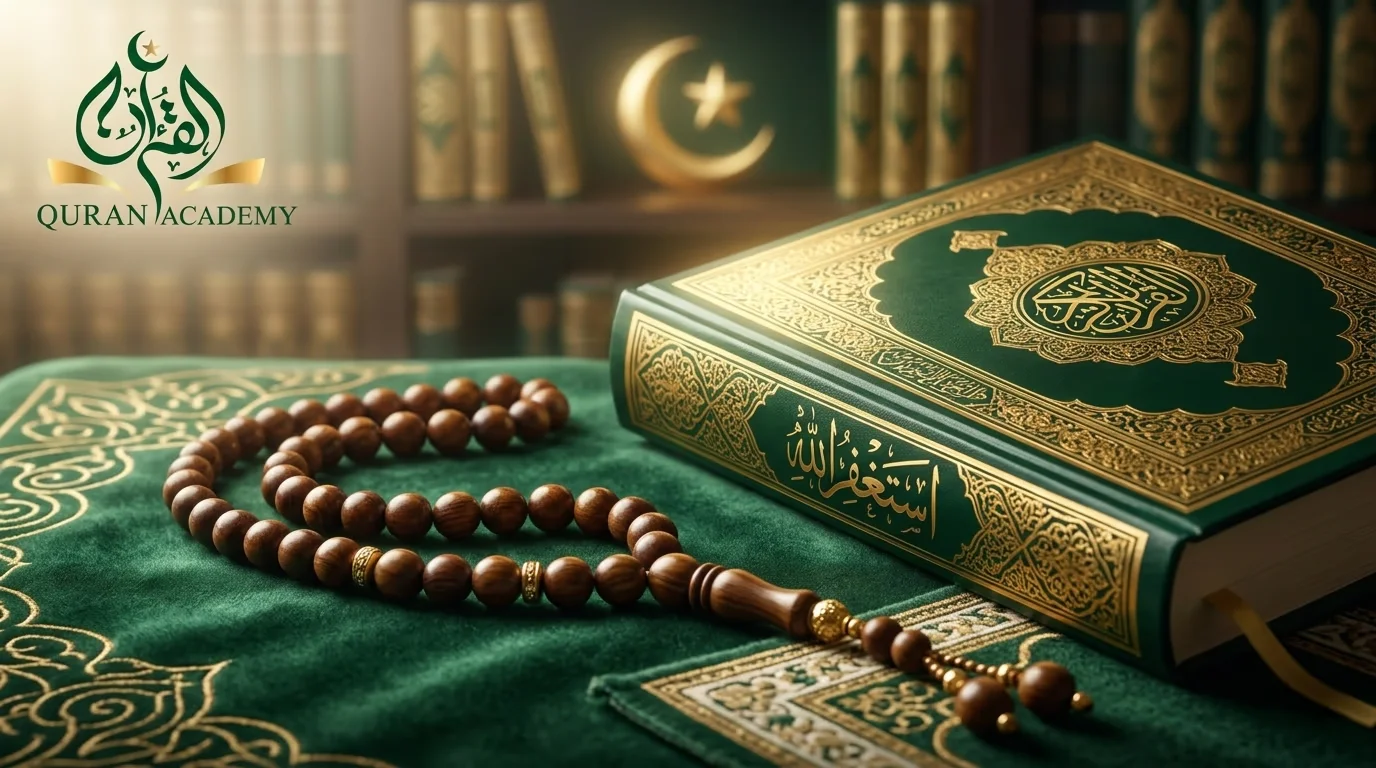 A beautifully bound Islamic book featuring the Arabic calligraphy for Astaghfirullah, resting on a green prayer rug with a wooden misbaha (prayer beads), symbolizing the profound Astaghfirullah meaning and the act of seeking forgiveness.