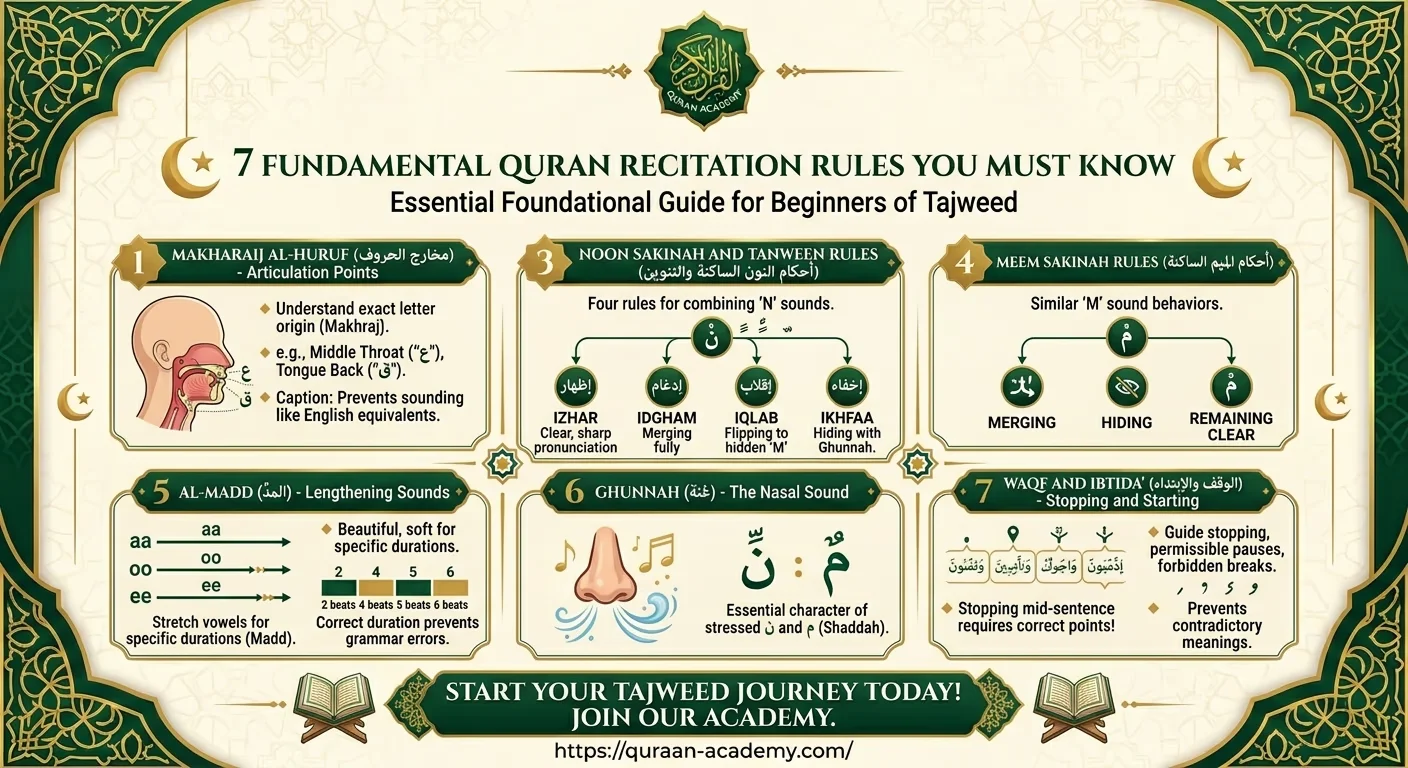 A detailed infographic by Quran Academy explaining the 7 fundamental Quran recitation and Tajweed rules for beginners. It visually breaks down Makharij al-Huruf, letter qualities, Noon Sakinah and Tanween rules, Meem Sakinah rules, Al-Madd, Ghunnah, and Waqf stopping rules.