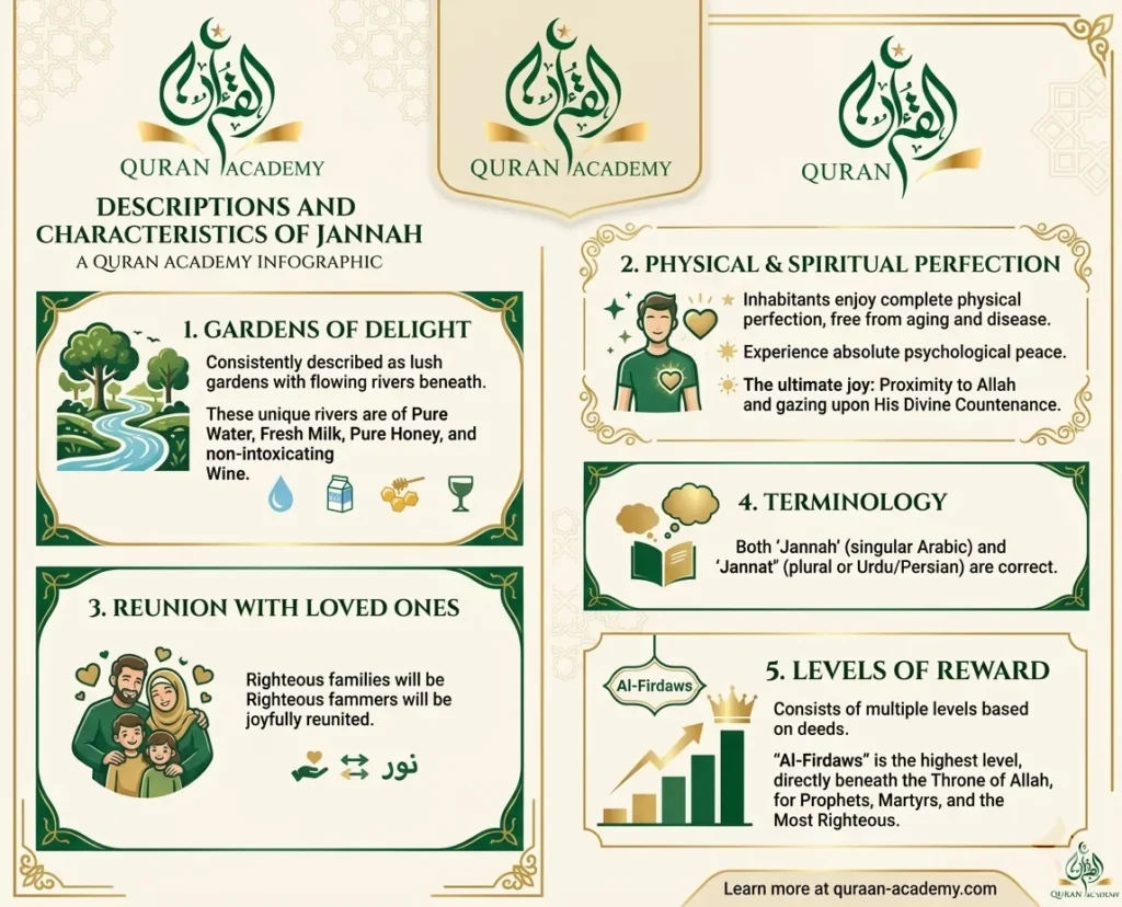 An educational infographic by Quran Academy detailing the descriptions and characteristics of Jannah in Islam, including Gardens of Delight, physical and spiritual perfection, reunion with loved ones, terminology, and levels of reward like Al-Firdaws.