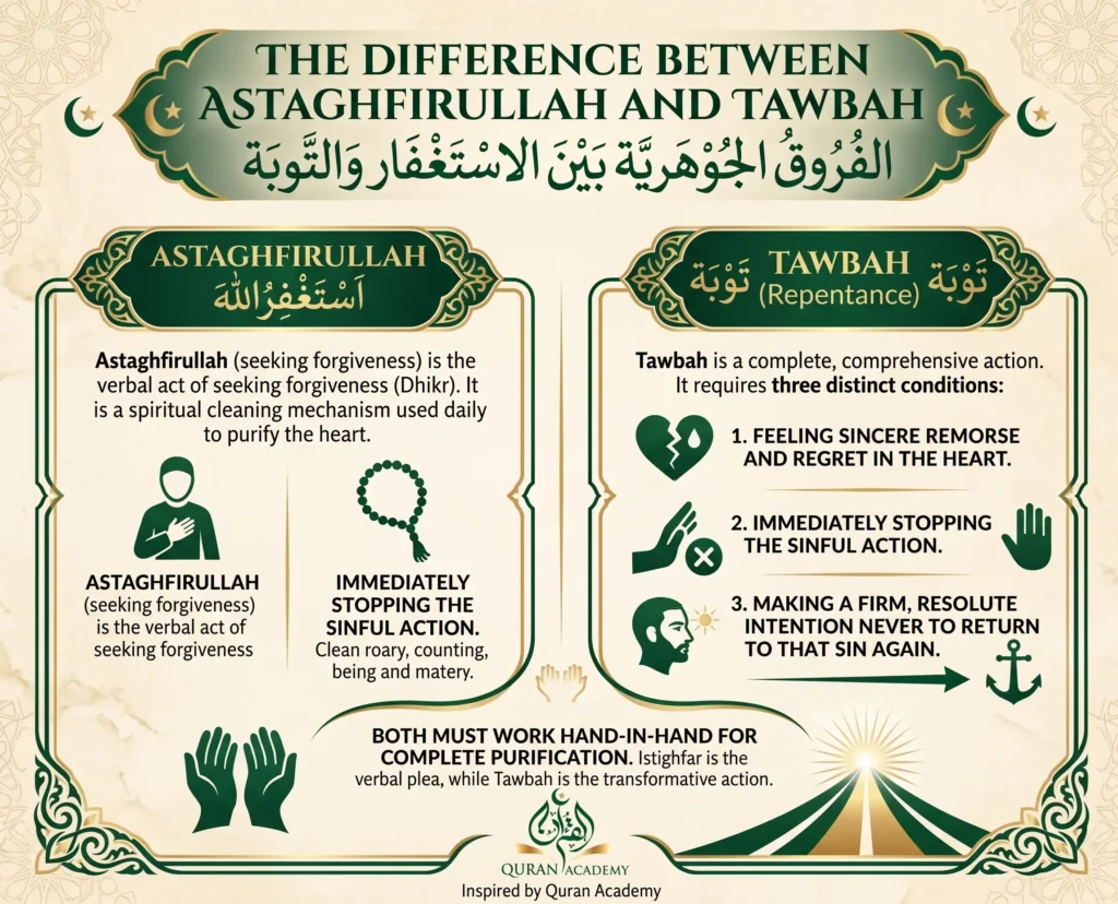 An educational infographic by Quran Academy explaining the difference between Astaghfirullah, the verbal act of seeking forgiveness, and Tawbah (Repentance), a comprehensive action requiring sincere remorse, stopping the sin, and a firm intention never to return.
