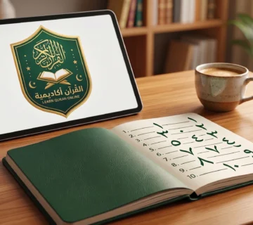 A modern study desk featuring a tablet displaying the Quran Academy logo next to an open notebook with handwritten numbers, illustrating effortless ways to count Arabic numbers for beginners.