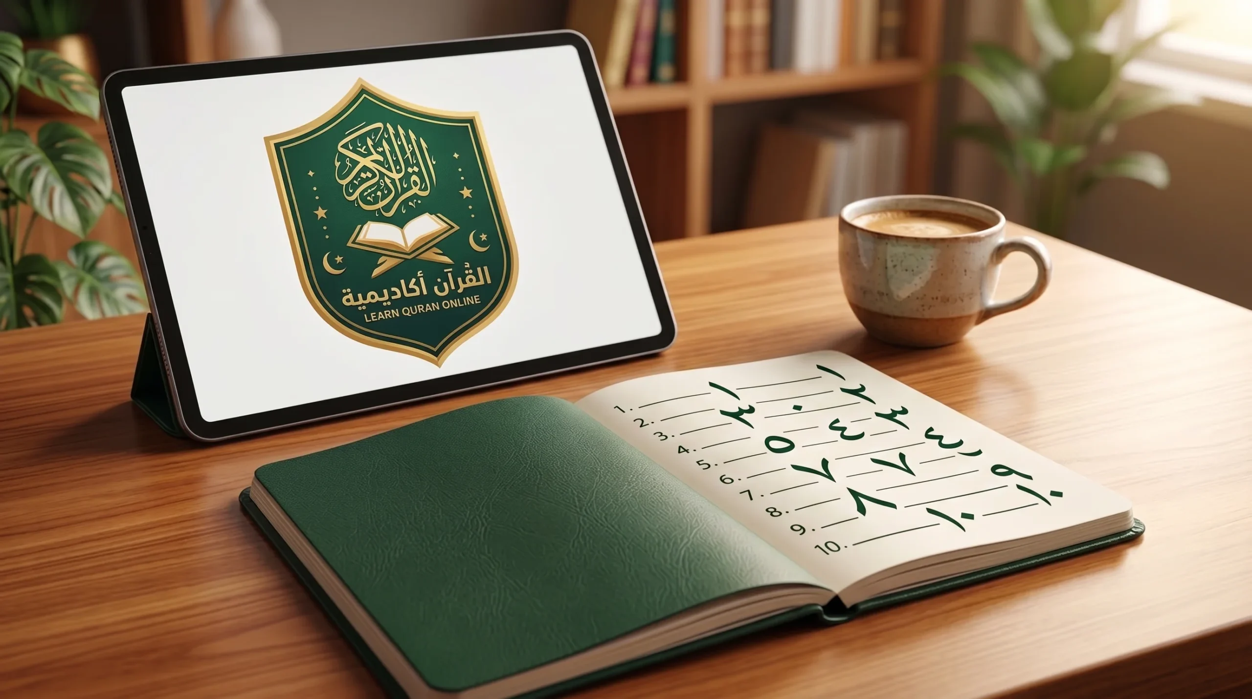 A modern study desk featuring a tablet displaying the Quran Academy logo next to an open notebook with handwritten numbers, illustrating effortless ways to count Arabic numbers for beginners.