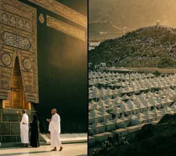 A stunning split image illustrating the Hajj and Umrah meaning, featuring pilgrims in Ihram praying at the Kaaba on the left, and the massive gathering at Mount Arafat with the Mina tents on the right.