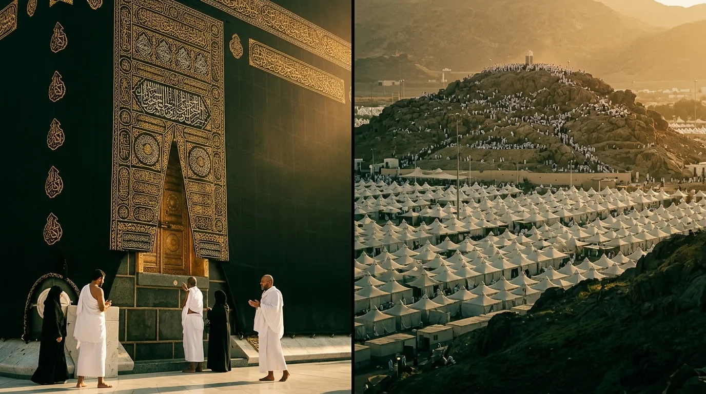 A stunning split image illustrating the Hajj and Umrah meaning, featuring pilgrims in Ihram praying at the Kaaba on the left, and the massive gathering at Mount Arafat with the Mina tents on the right.
