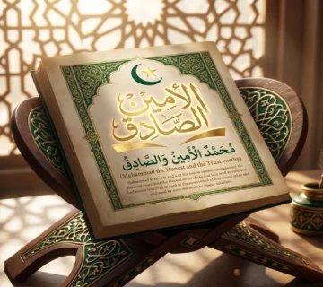 A beautifully illuminated open book on a traditional wooden stand displaying the Arabic calligraphy and English text for Muhammad the Honest and the Trustworthy.
