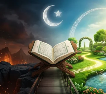 A powerful symbolic illustration by Quran Academy showing an open Quran on a wooden stand acting as a bridge, guiding the way from the dark fires of Jahannam (Hellfire) to the bright, lush green gardens and flowing rivers of Jannah (Paradise).