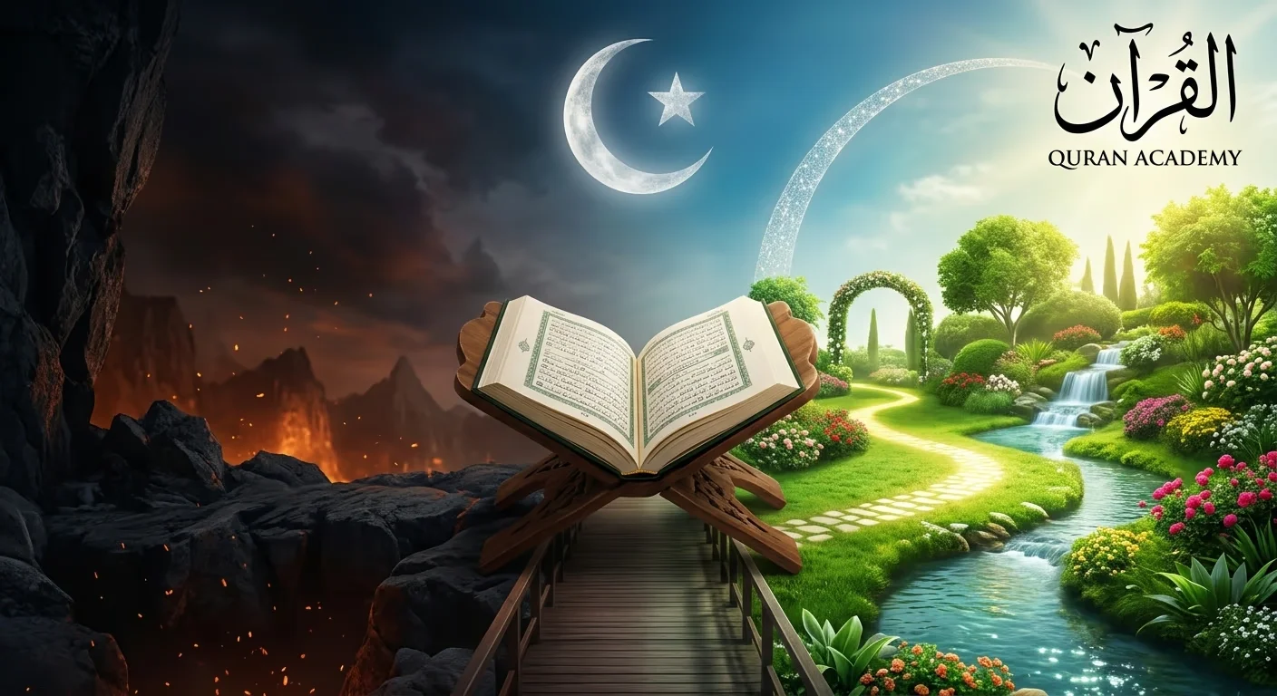 A powerful symbolic illustration by Quran Academy showing an open Quran on a wooden stand acting as a bridge, guiding the way from the dark fires of Jahannam (Hellfire) to the bright, lush green gardens and flowing rivers of Jannah (Paradise).