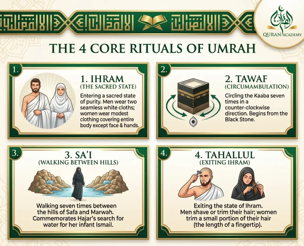 An educational infographic by Quran Academy detailing the 4 core rituals of Umrah: Ihram (The Sacred State), Tawaf (Circumambulation), Sa'i (Walking between hills), and Tahallul (Exiting Ihram).