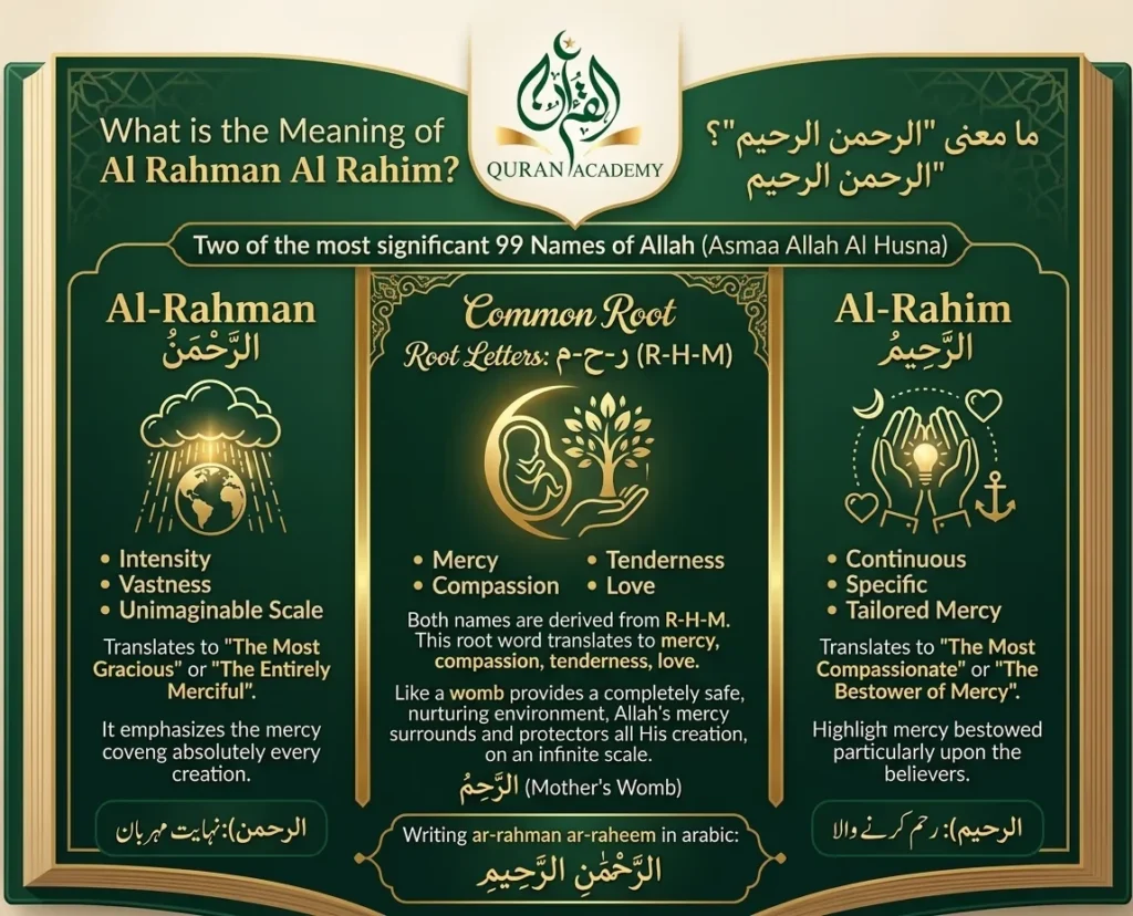 An educational infographic by Quran Academy explaining the meaning of Al Rahman and Al Rahim. It highlights their common Arabic root letters R-H-M meaning mercy and compassion, and contrasts Al-Rahman (universal, vast mercy) with Al-Rahim (continuous, tailored mercy for believers).