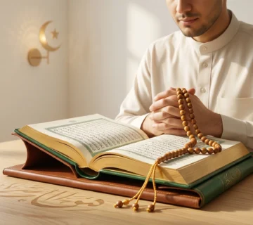 A serene Muslim man holding prayer beads and sitting with an open Quran, reflecting deeply on the Allatif Alkhabir meaning in a peaceful, sunlit room.
