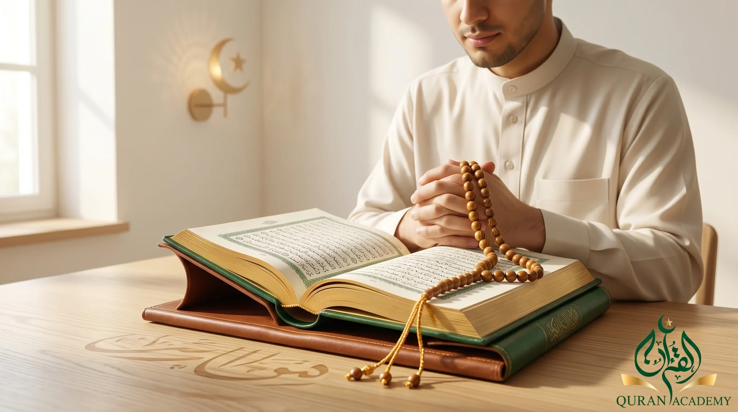 A serene Muslim man holding prayer beads and sitting with an open Quran, reflecting deeply on the Allatif Alkhabir meaning in a peaceful, sunlit room.