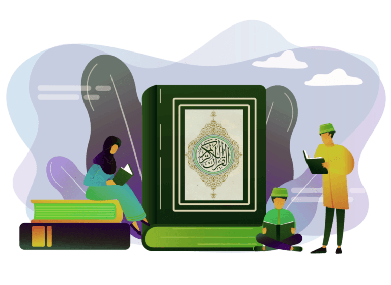 Illustration of a Muslim family reading the Quran, representing online Quran memorization Courses and Hifz classes for kids and adults in the USA and UK.