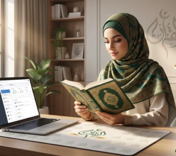 A young Muslim woman in a green hijab reading the Quran at a modern desk with an open laptop, perfectly illustrating the balanced daily life of a Muslim woman.