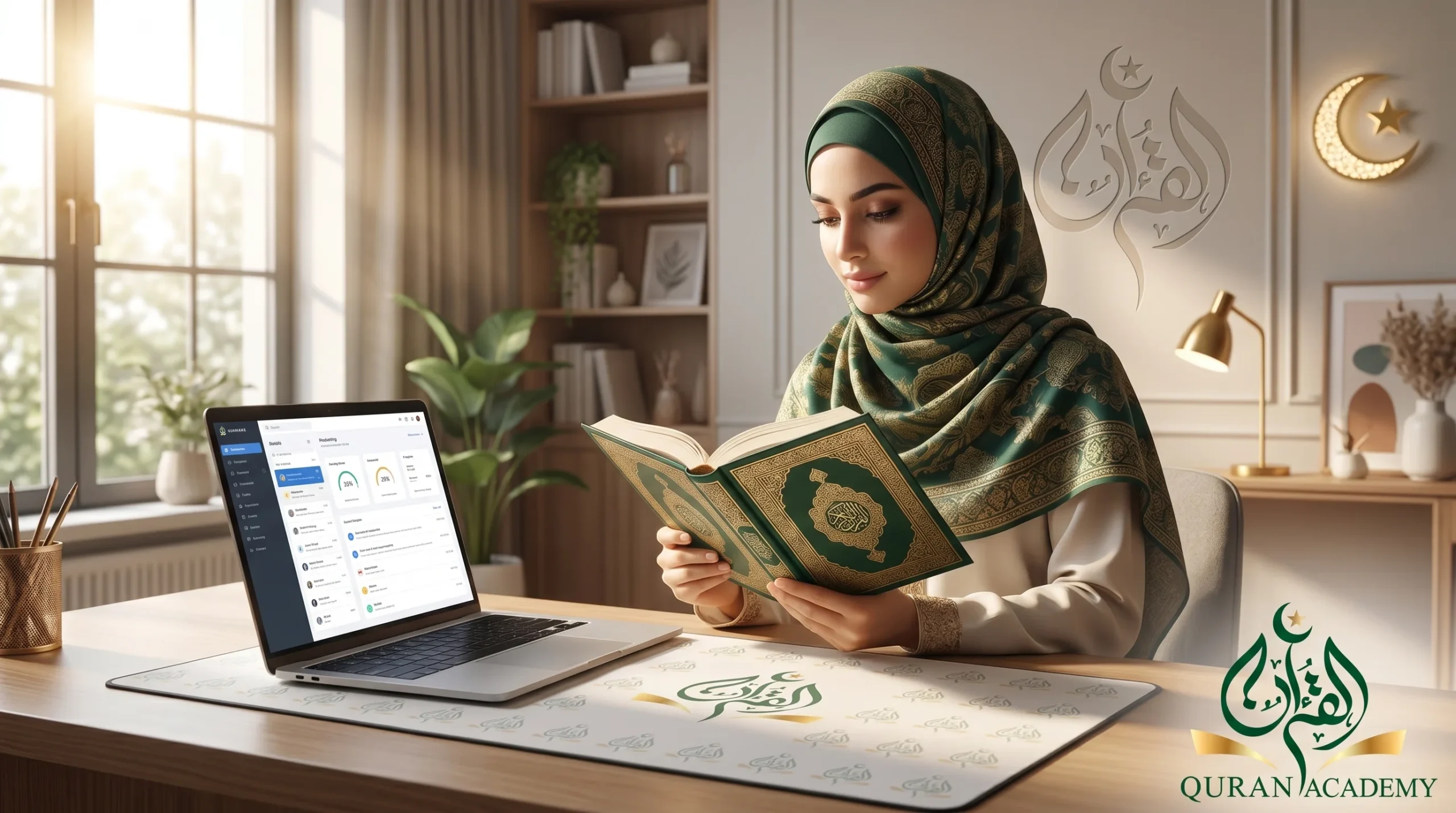 A young Muslim woman in a green hijab reading the Quran at a modern desk with an open laptop, perfectly illustrating the balanced daily life of a Muslim woman.