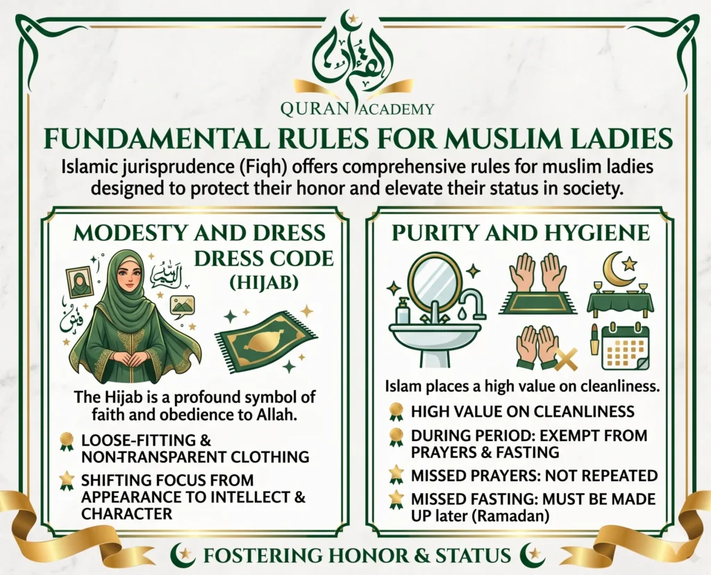 An educational infographic by Quran Academy explaining the fundamental rules for Muslim ladies in Islamic jurisprudence (Fiqh), focusing on the Hijab dress code, modesty, and purity guidelines during menstruation.
