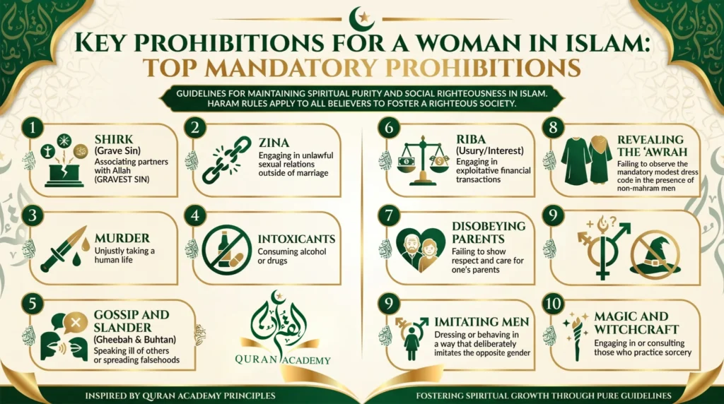 An educational infographic by Quran Academy detailing the top 10 mandatory prohibitions and major sins (Haram) for a woman in Islam, including Shirk, Zina, Riba, gossip, and revealing the Awrah.