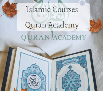 An aesthetic view of an open beautifully decorated Holy Quran surrounded by autumn leaves on a white background, promoting online Islamic Courses by Quran Academy.