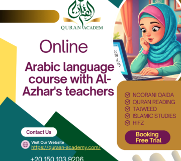 A promotional banner for an Arabic language course online by Quran Academy, featuring a young Muslim girl studying on a laptop. The image highlights classes taught by Al-Azhar's teachers, covering Noorani Qaida, Quran Reading, Tajweed, Islamic Studies, and Hifz, with a button to book a free trial.
