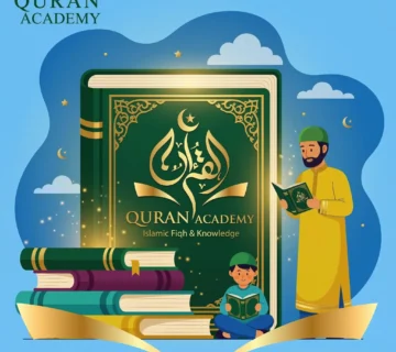 An engaging vector illustration of a Muslim man and a young boy reading books, set against a large Fiqh book and 'Quran Academy' logo, perfect for promoting a Fiqh online course.