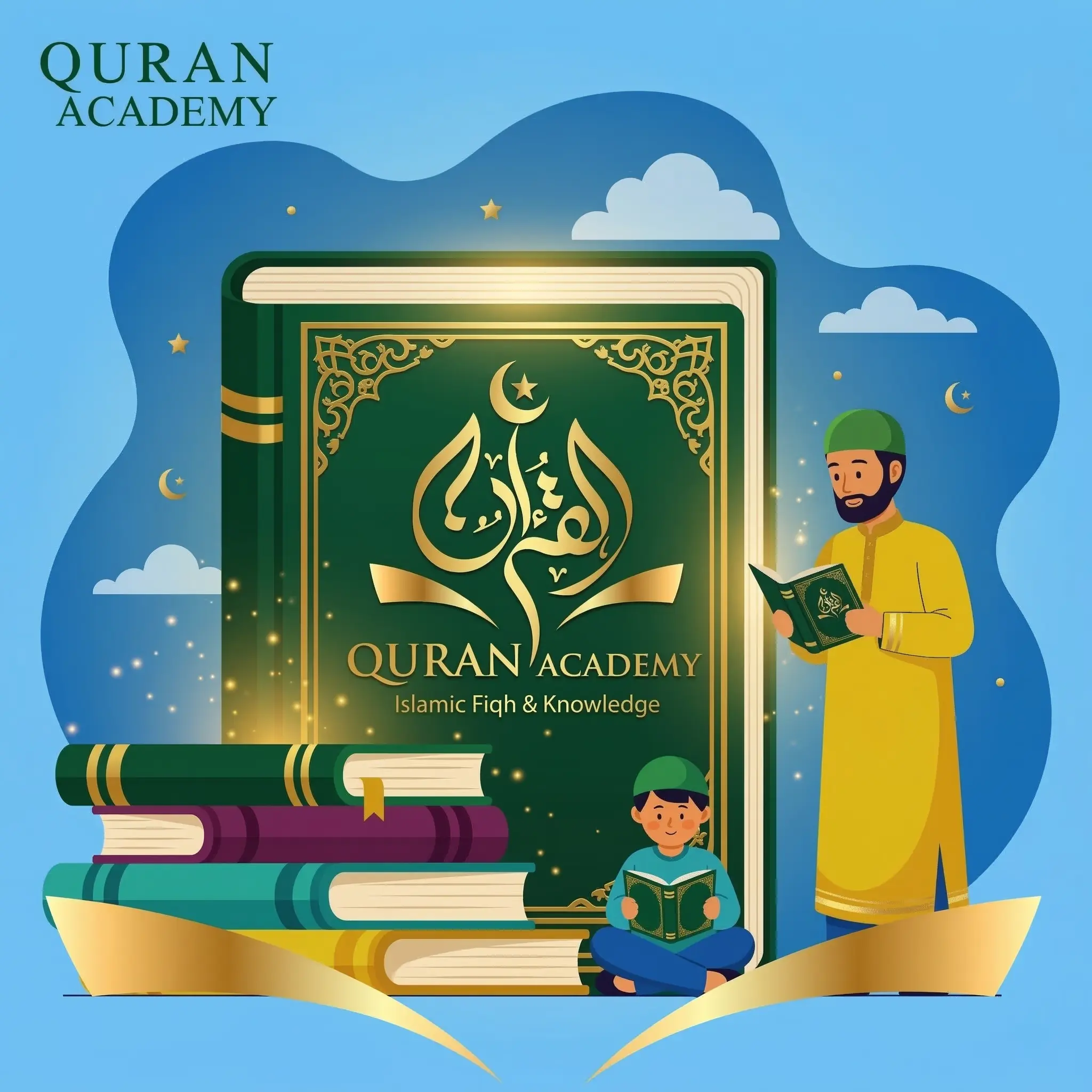 An engaging vector illustration of a Muslim man and a young boy reading books, set against a large Fiqh book and 'Quran Academy' logo, perfect for promoting a Fiqh online course.