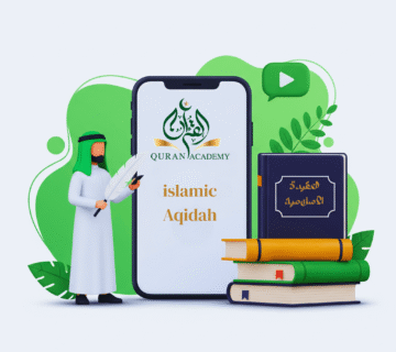 An advertisement infographic for an 'Online Islamic Aqidah Course' from 'Quran Academy'. The image features a detailed curriculum outline presented in four distinct green and gold modules. Topics cover The Foundation of Faith & Tawheed, The Unseen World (Angels & Divine Books), The Messengers & The Hereafter, and Divine Decree (Qadar) & Practical Faith in the modern world. The infographic is designed to be accessible for kids, reverts, and adult learners, with a professional layout and relevant icons, incorporating the academy's logo.