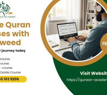 A Muslim student wearing a headset taking online Quran classes with Tajweed on a laptop, featured in a Quran Academy promotional banner offering a free trial.
