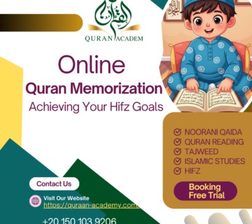 A promotional banner for online Quran memorization classes by Quran Academy, featuring a young boy reciting the Quran. The course helps students achieve their Hifz goals and covers Noorani Qaida, Quran reading, Tajweed, and Islamic studies.