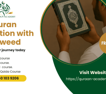 Promotional banner for an online Quran Recitation with Tajweed course by Quran Academy, featuring a Muslim man holding a Quran, offering a free trial, and listing Arabic, Quran, and Noorani Qaida classes.