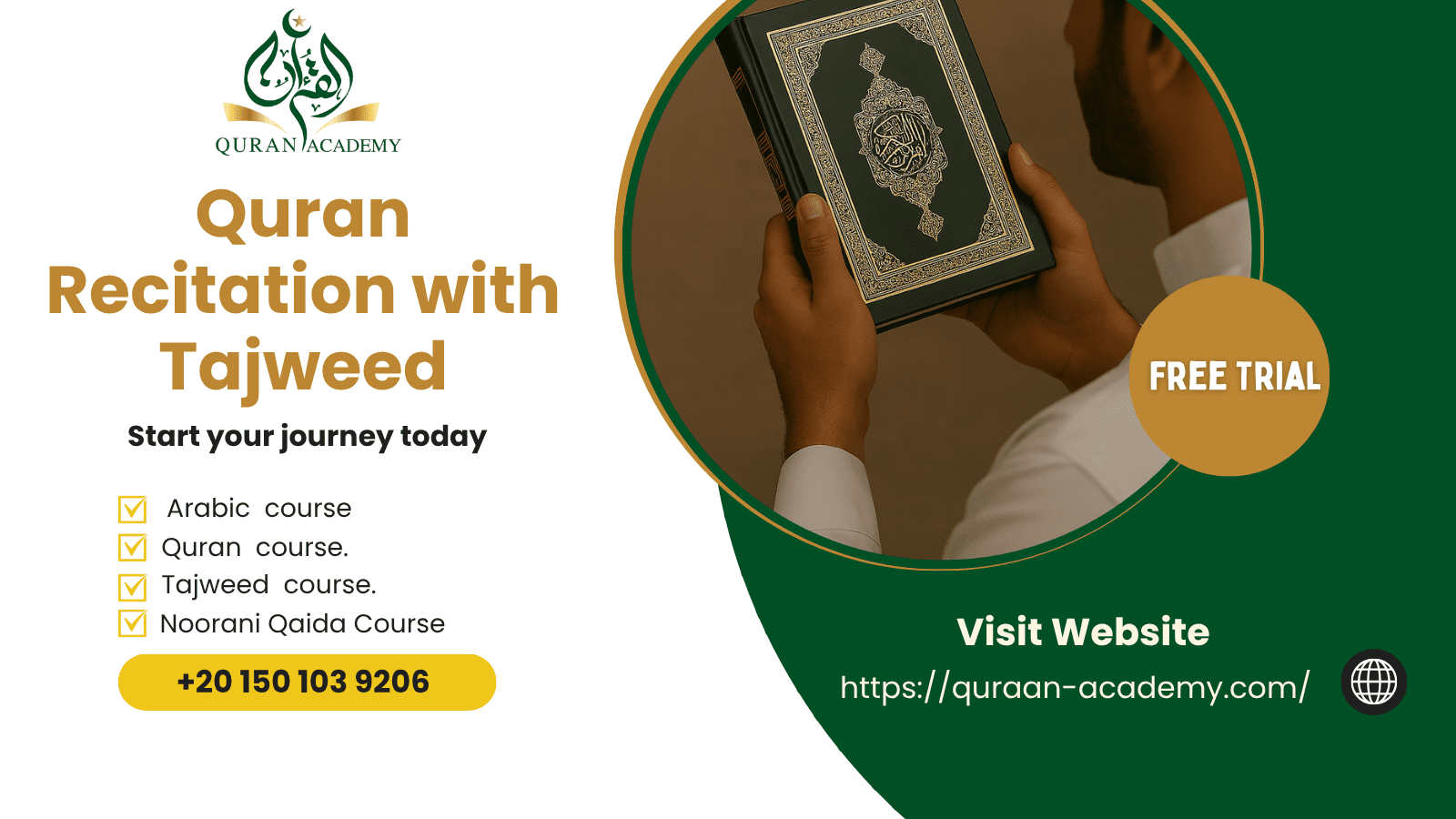 Promotional banner for an online Quran Recitation with Tajweed course by Quran Academy, featuring a Muslim man holding a Quran, offering a free trial, and listing Arabic, Quran, and Noorani Qaida classes.